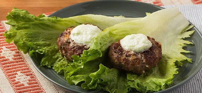 Broiled Greek Burger with Lettuce Wraps