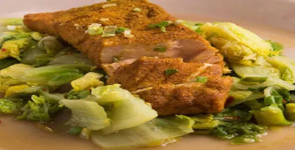 Curry Crusted Salmon with Chili Braised Napa Cabbage