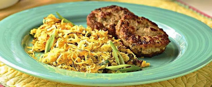 Maple Turkey Sausage Patties with Spaghetti Squash Hash Browns
